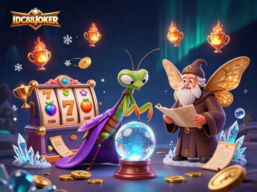 Join the winning fun with IDC88JOKER through a vibrant illustration of a whimsical casino scene featuring characters and game elements