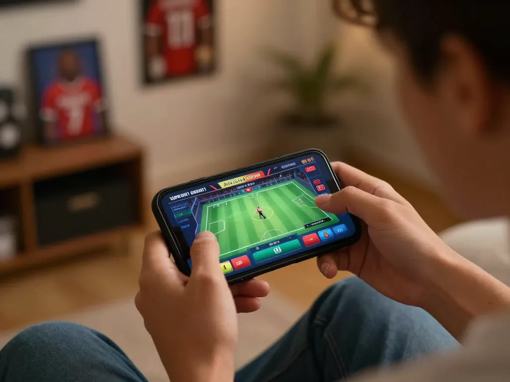 Cá cược thể thao bằng ứng dụng 12bet trên điện thoại thông minh, thể hiện sự tập trung và phấn khích trong một không gian ấm cúng.