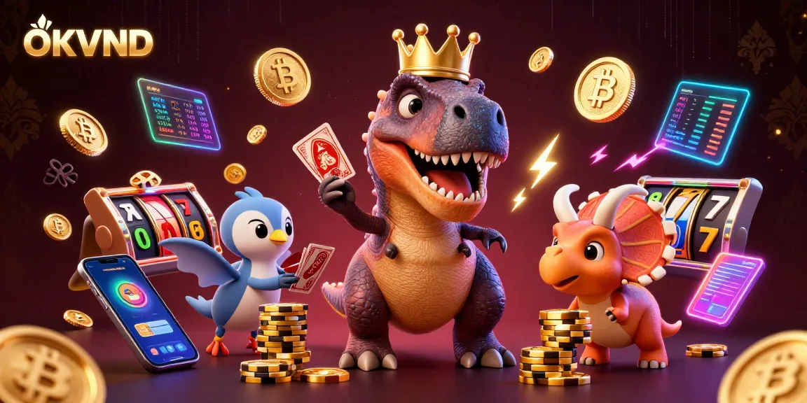 OKVND showcases a rich 3D scene featuring a T-Rex shuffling cards, embodying the thrill of online slots.