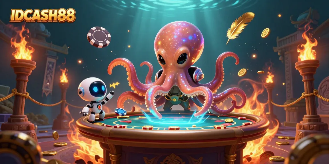 Engage with IDCASH88 at a cosmic poker table, featuring alien octopus and robot, surrounded by dramatic elements.