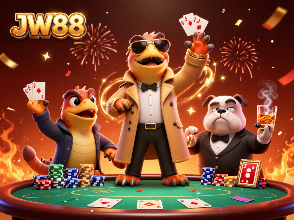 Play poker with JW88 at an exciting casino featuring animated raptors in a trench coat.