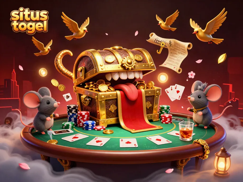 Engaging scene featuring situs togel themed vibrant 3D illustration with poker elements and treasure chest.