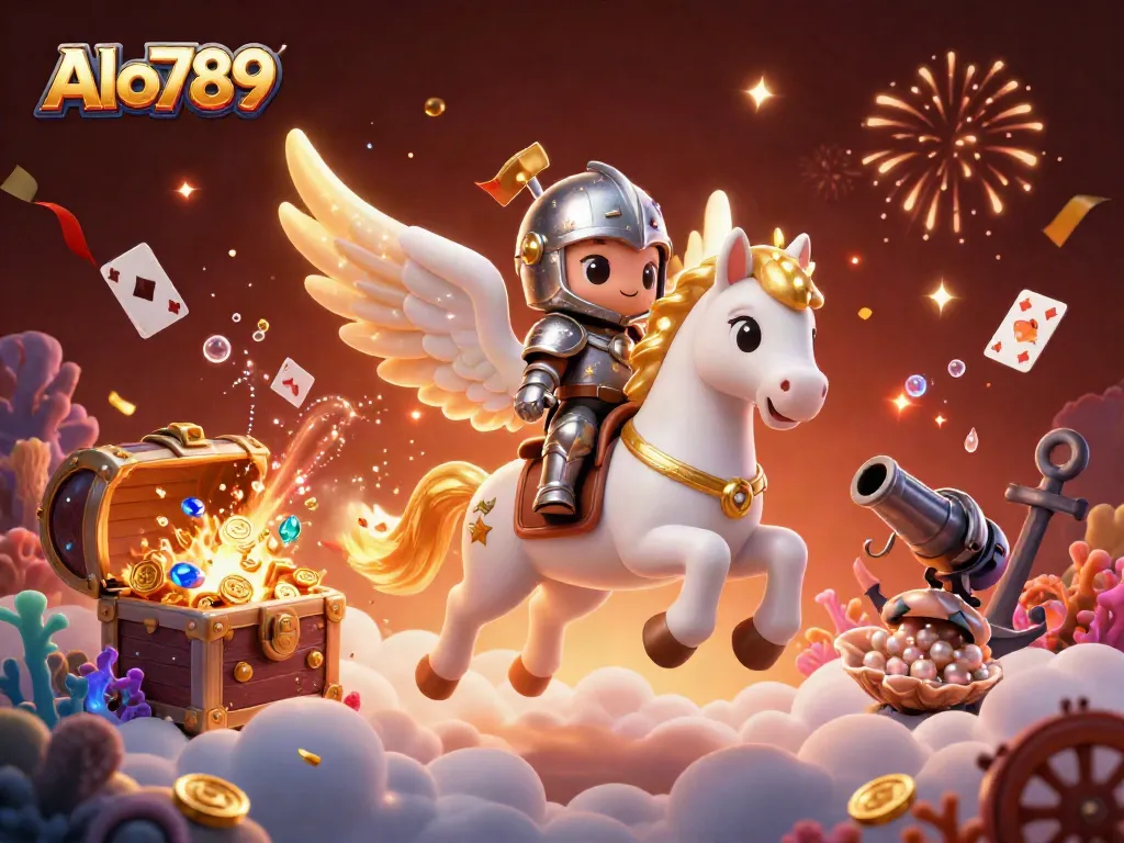 Alo789 illuminates a fantasy world of gambling, featuring a celestial horse and knight amid floating treasure and game elements.