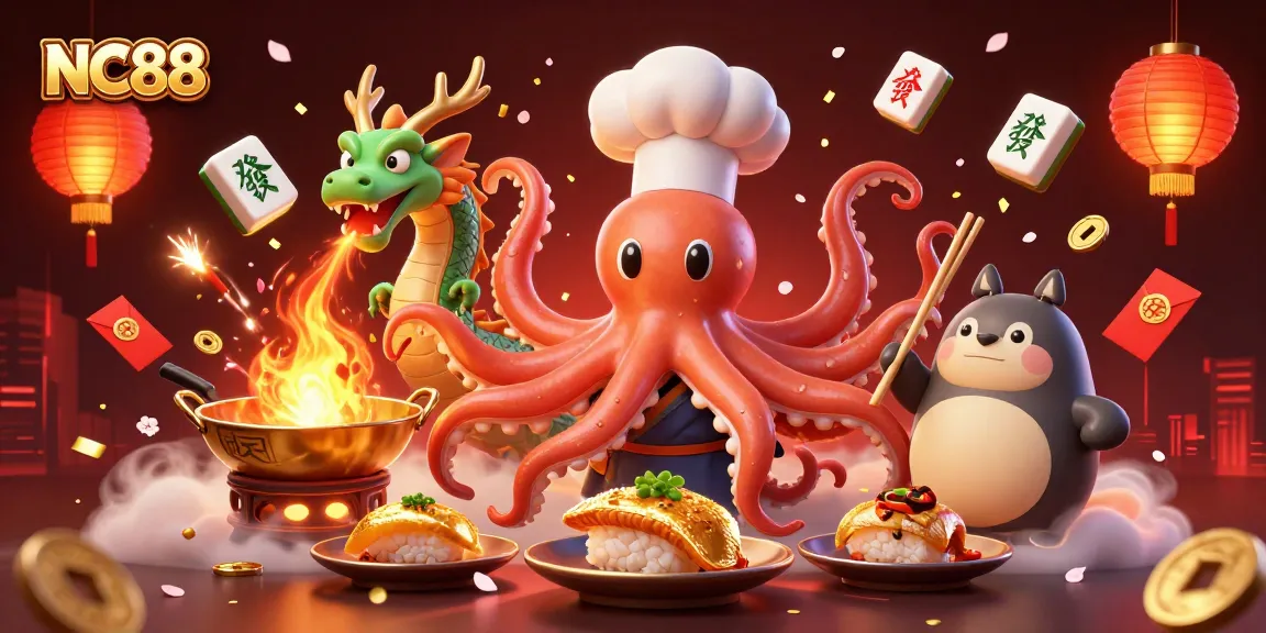 NC88 showcases a vibrant scene of a sushi chef, dragon, and tanuki in an explosive gaming setting.