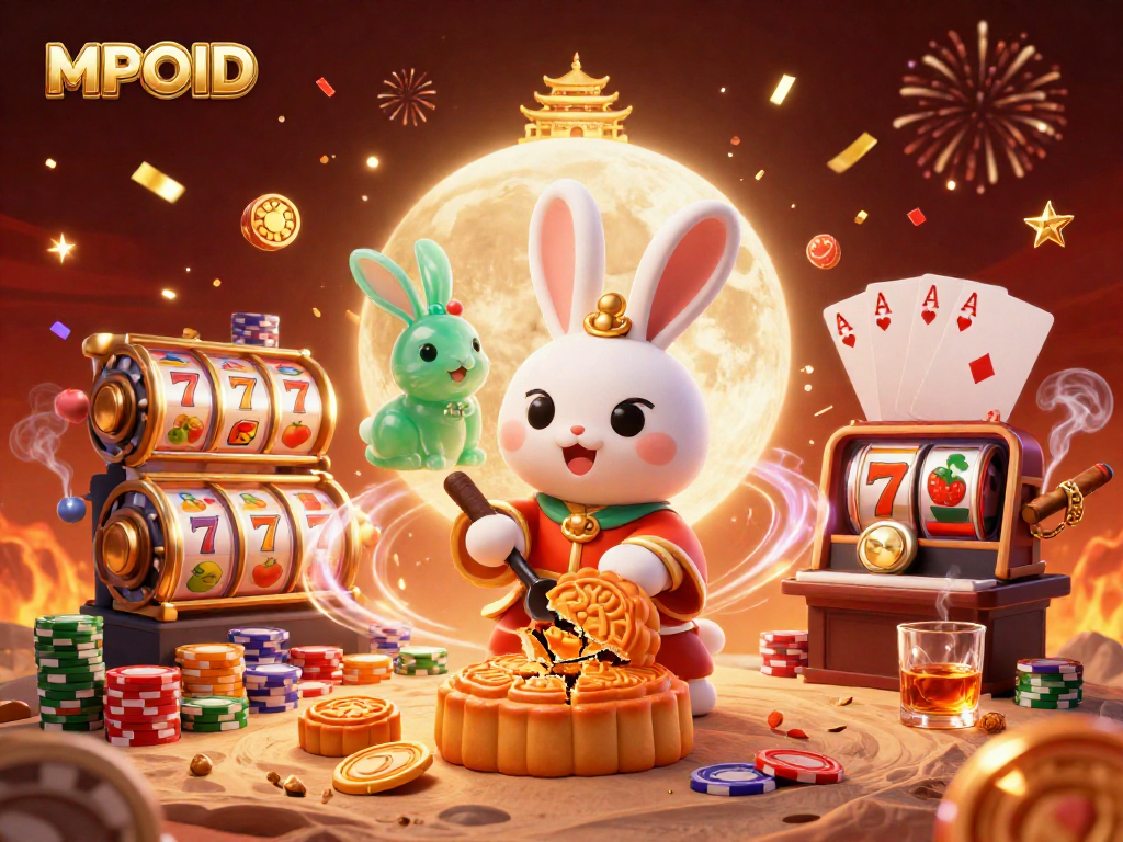 MPOID offers epic gaming excitement showcasing a moon rabbit with poker chips, slot reels, and vibrant casino atmosphere.