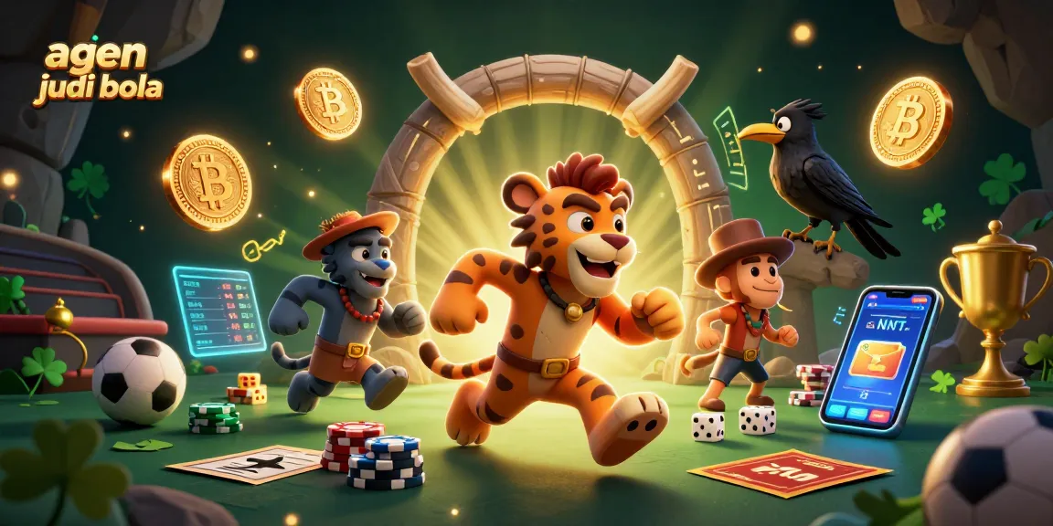 Engage in thrilling sports betting action with agen judi bola at a prehistoric casino scene.