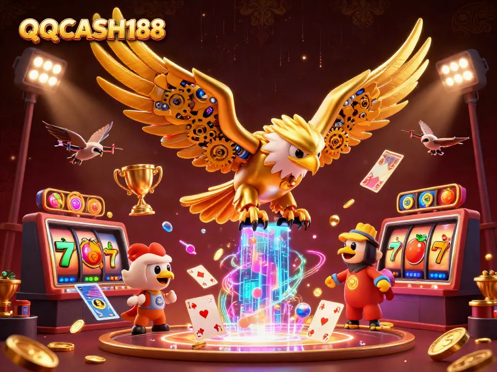 Experience dynamic gaming thrills with QQCASH188 in this vibrant 3D casino illustration.