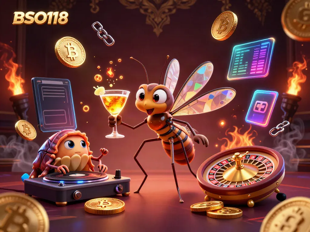 Experience thrilling casino action with BSO118 through a lively scene featuring a unique mascots and gaming elements.