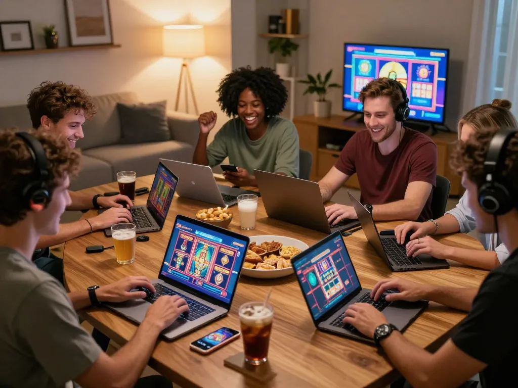 Engaged players enjoying exciting online games at vegasslot77 in a vibrant living room setting.