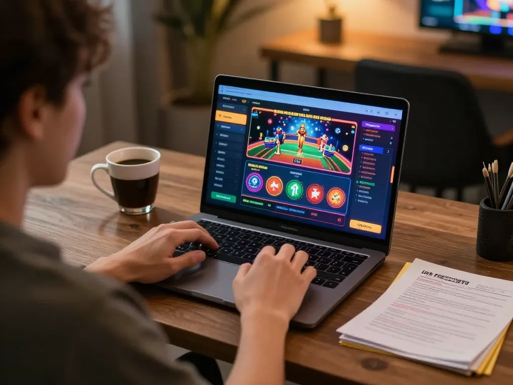 Engaging in online casino games at home with selfieplasticsurgeries visible on screen and focused expression.