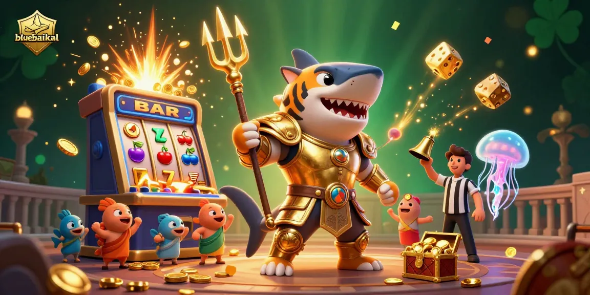 Experience the excitement of bluebaikal with a thrilling underwater jackpot scene featuring a tiger shark!