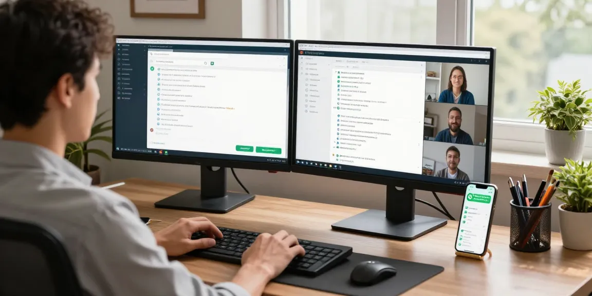 Professional home office using WhatsApp電腦版 for effective remote work.