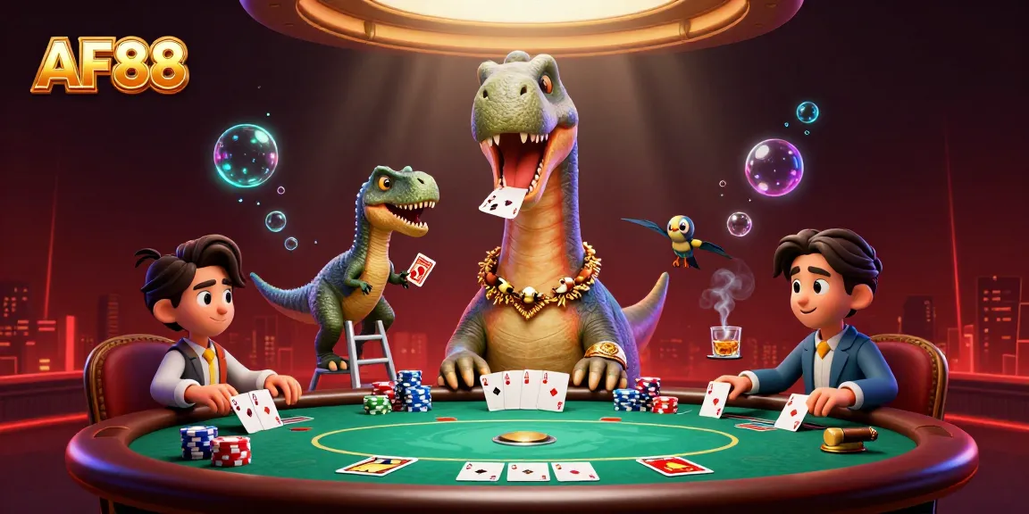 Engage with AF88's immersive casino experience at a vibrant poker table, featuring dynamic characters and rich elements.