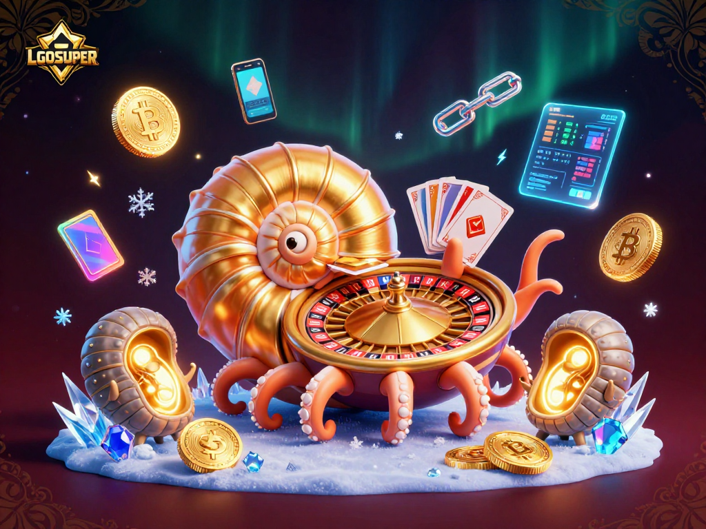 Play thrilling games at LGOSUPER, featuring a nautilus roulette wheel surrounded by vibrant 3D crypto coins.