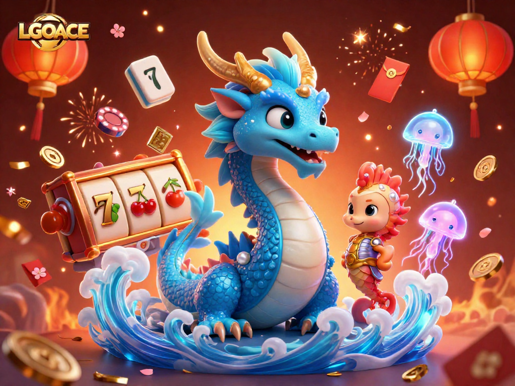 LGOACE casino scene with a water dragon, seahorse knight, and vibrant gaming symbols.