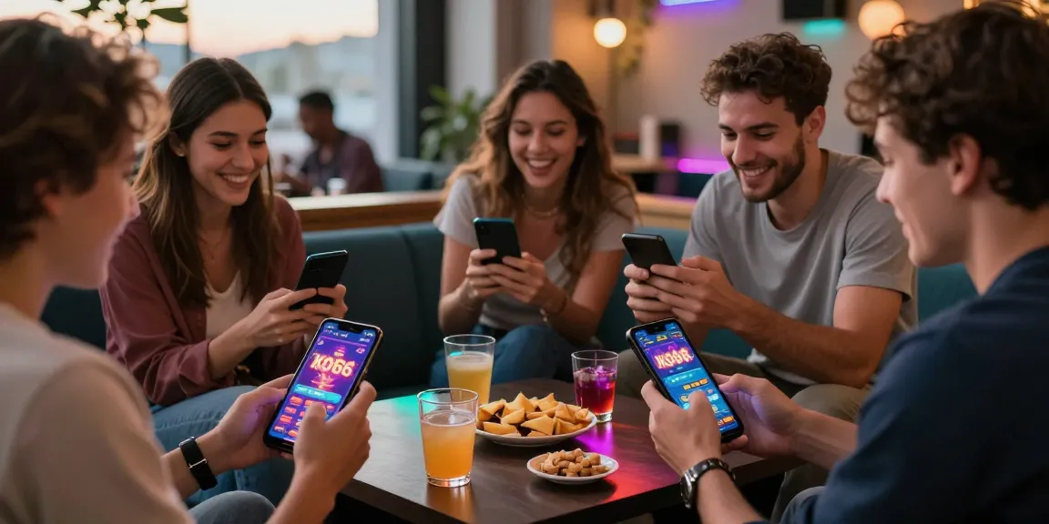 Friends enjoying KO66 app in a vibrant lounge setting, celebrating gaming success.