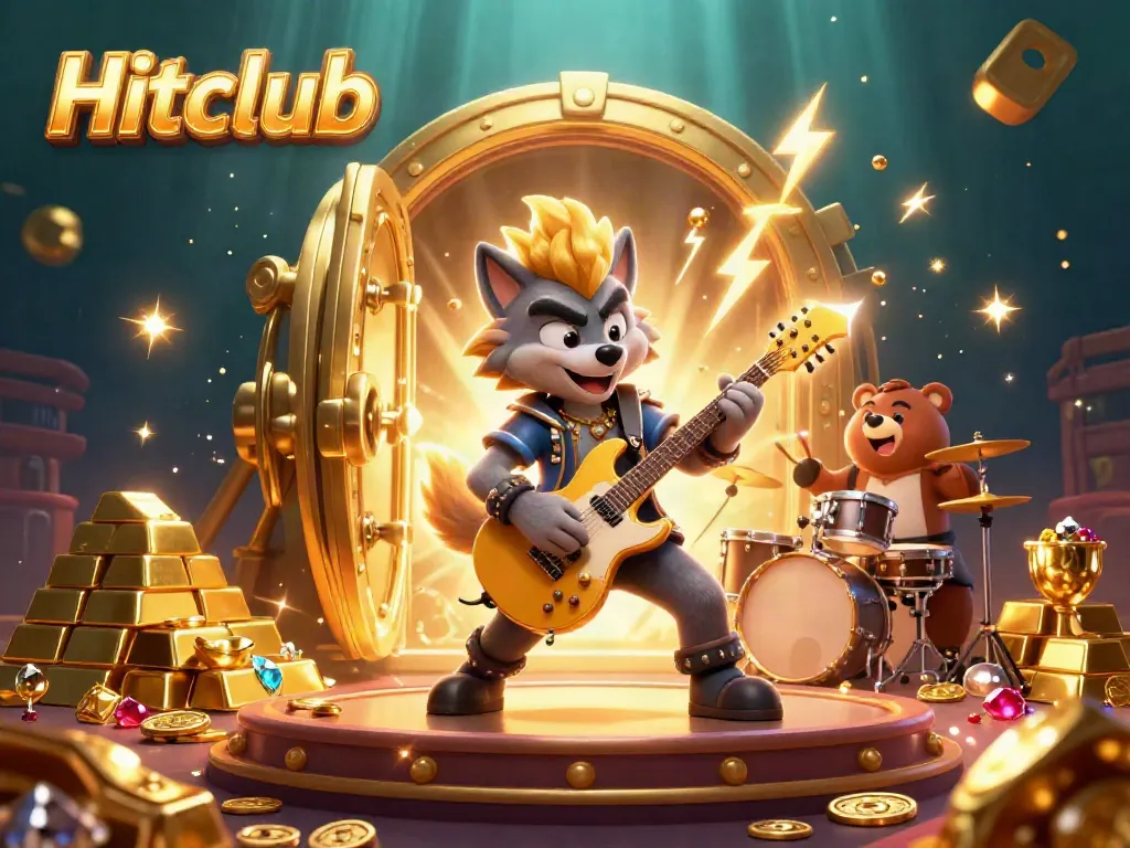 Hitclub's exciting casino scene showcases the rock star wolf rocking out, symbolizing thrilling gameplay and jackpots.