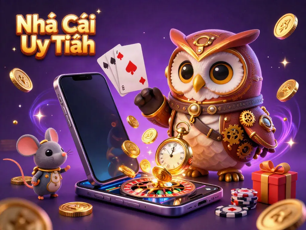 Engage with Nhà Cái Uy Tín as a time-traveler owl navigates a dynamic casino world filled with exciting game elements.