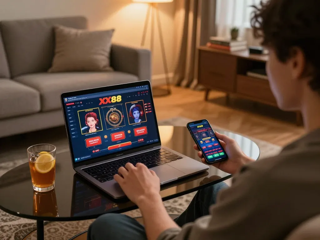 Player engaging with the XX88 casino interface on a laptop while relaxing at home.