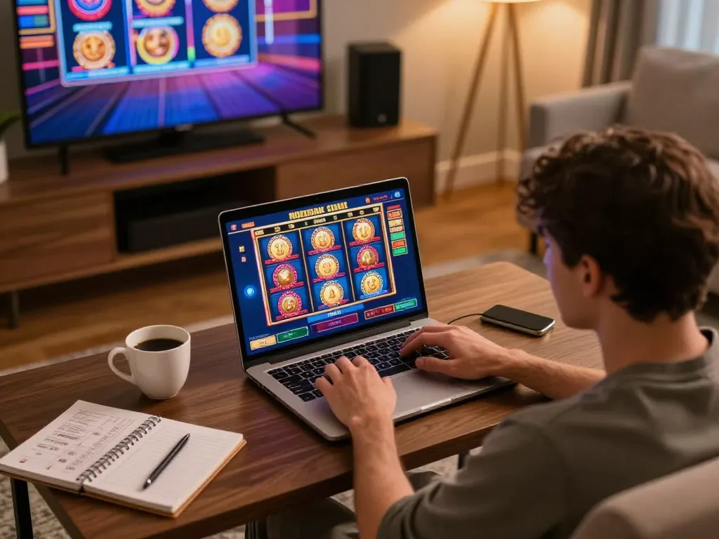 Engaging in online slots on a laptop at home, gg88 gaming interface featured