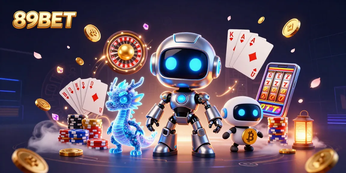Engage with exciting gaming scenes at 89BET as the robot mascot and holographic dragon celebrate winning moments.