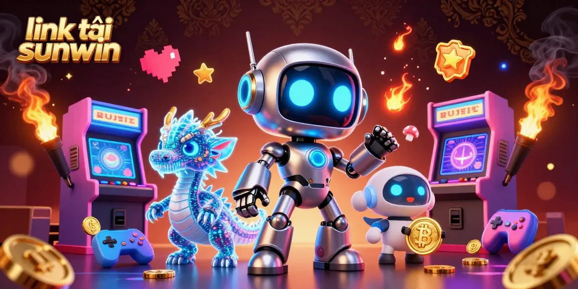Engage with link tải sunwin's vibrant casino scene featuring a cyberpunk robot and digital companions