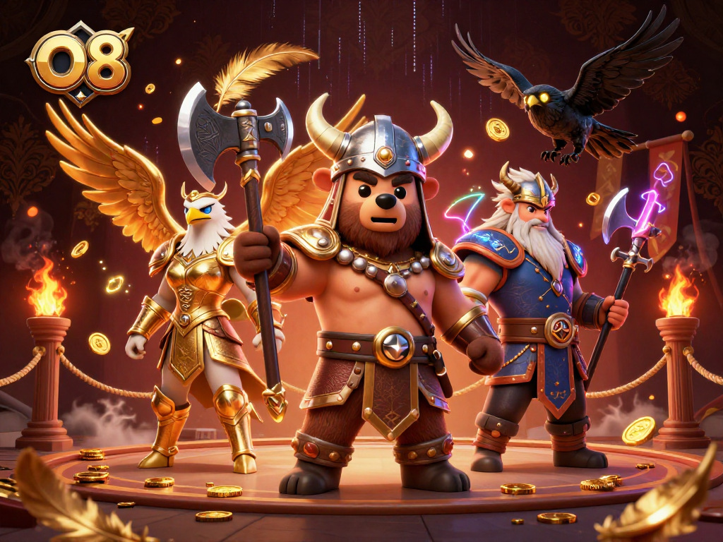 Experience gaming excitement with O8 featuring dynamic Viking bears and golden eagles in a rich gambling scene.