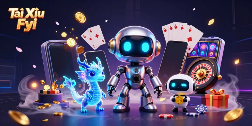 Tài Xỉu Fyi showcases a vibrant 3D casino scene featuring a robot, dragon, and drone surrounded by slots and poker cards.