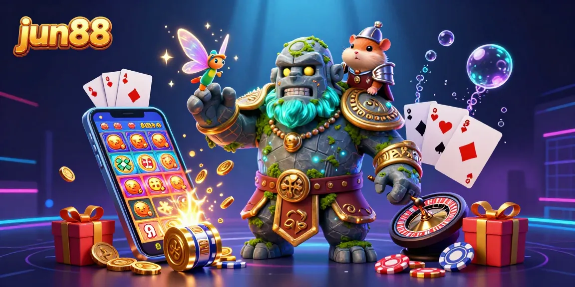 Join the thrill of jun88 with a lively scene featuring a magical golem guardian and engaging casino elements.