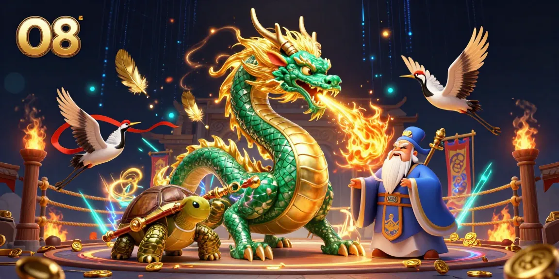 Experience the excitement at O8 with a vibrant illustration featuring a dragon, turtles, and lucky cranes.