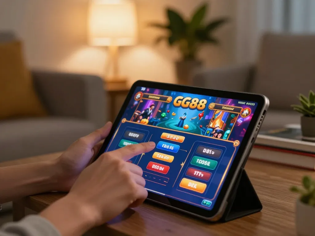Engaged player enjoying GG88 online betting on their tablet at home, showing betting options and gameplay.
