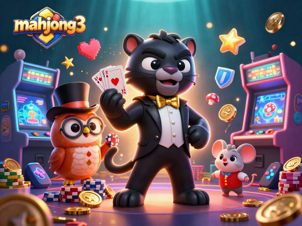 Engage in mahjong 3 fun with cute characters in a visually rich casino-themed 3D digital illustration.