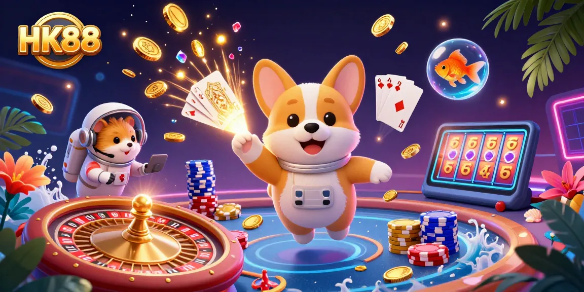 Experience thrilling gaming adventures at HK88 casino with floating elements and vibrant, dynamic visuals.