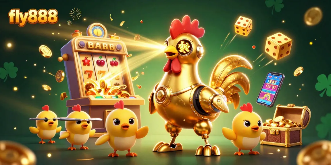 Experience the excitement of fly888 as golden rooster robots and drones illuminate a jackpot explosion.