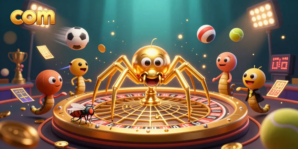 Spin the wheel at com with a golden spider, a centipede croupier, sports bets, and glittering elements.