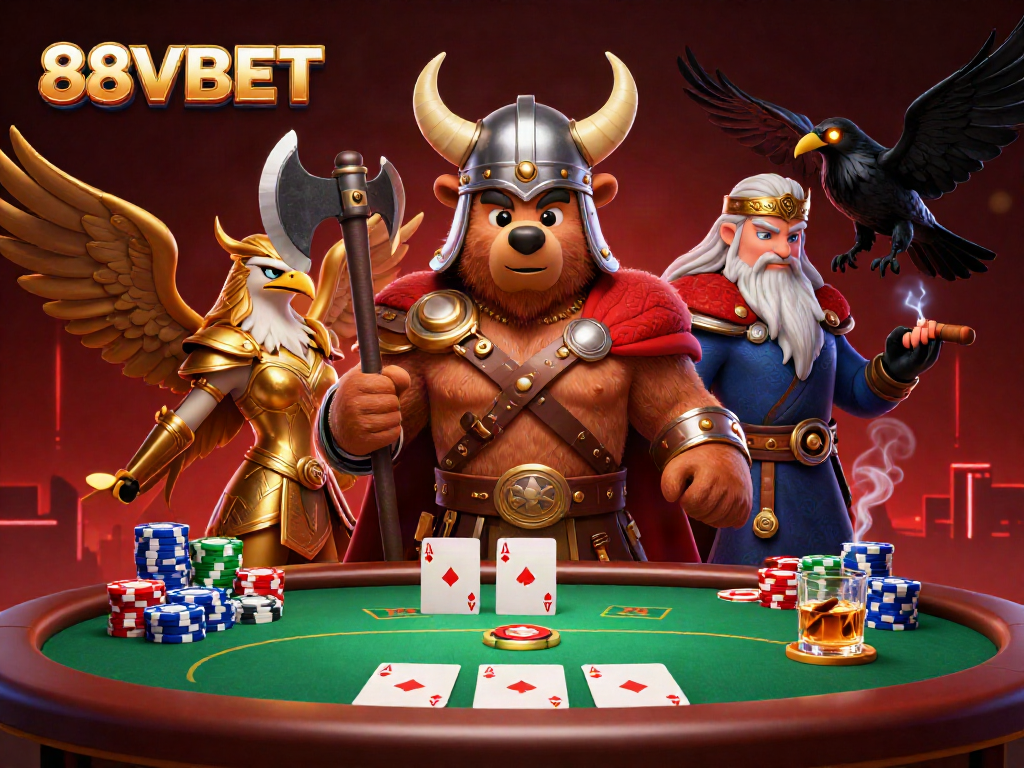 Engage with 88VBET's thrilling poker scene featuring vibrant 3D characters, chips, and cards.