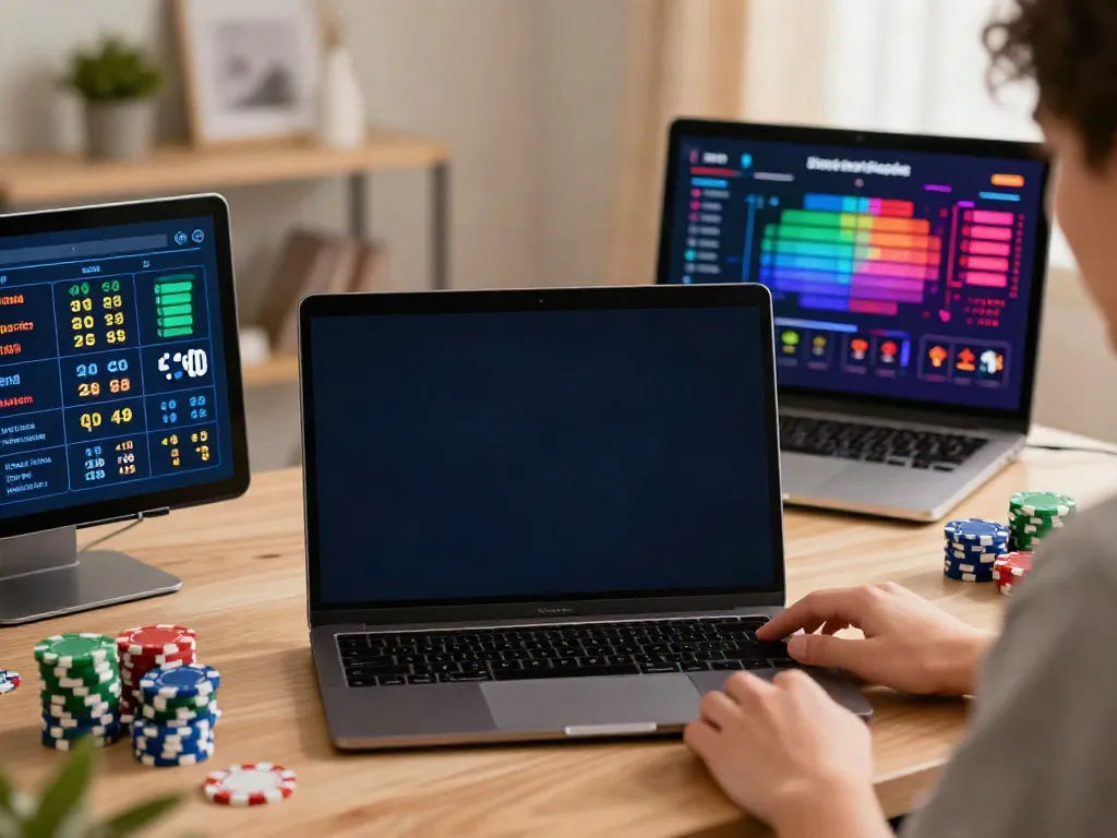 Engaged user betting on net88 with smartphone and laptop in modern home office.