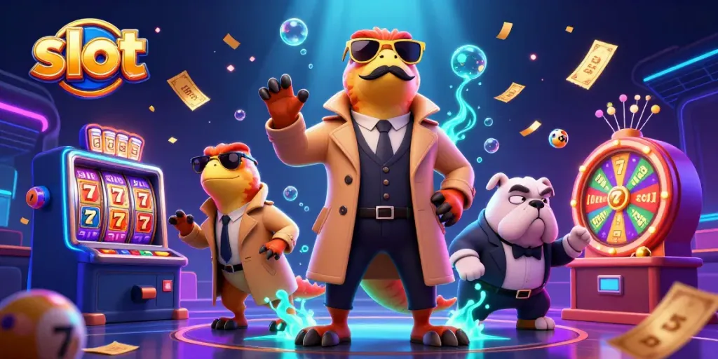 Win big with slot reels and vibrant casino elements in an extravagant scene.