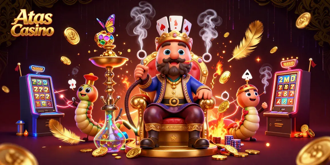 Atas Casino features vibrant 3D illustration of a caterpillar sultan amidst slot machines and golden coins.