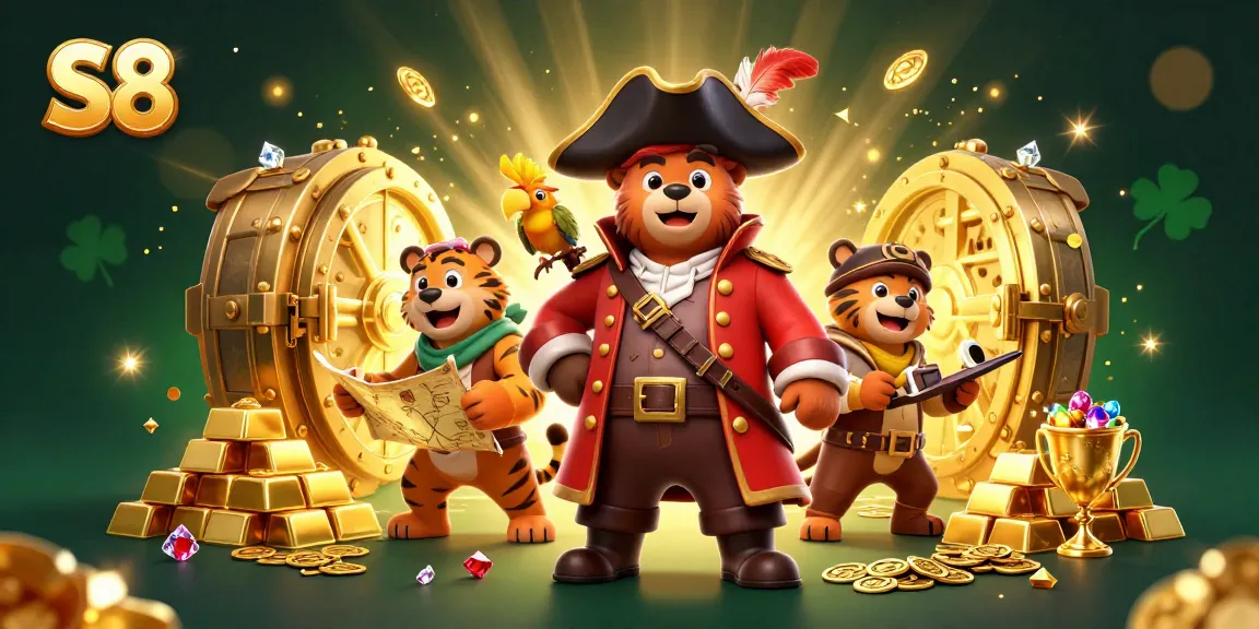 S8 invites players to seize treasure in a vibrant digital casino adventure with pirate-themed characters and dazzling gems.