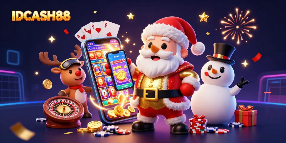 Win big with IDCASH88 as Santa Claus celebrates jackpots with a smartphone and festive friends.