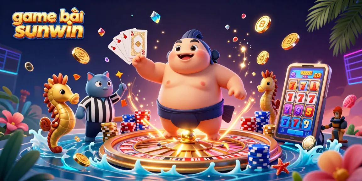 Engage in thrilling game bài sunwin scenes featuring 3D colorful characters and casino elements.