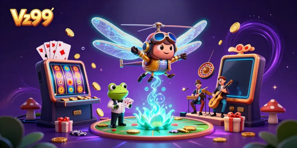 Experience the vibrant Vz99 gaming scene with a dragonfly pilot and frog dealer creating excitement.