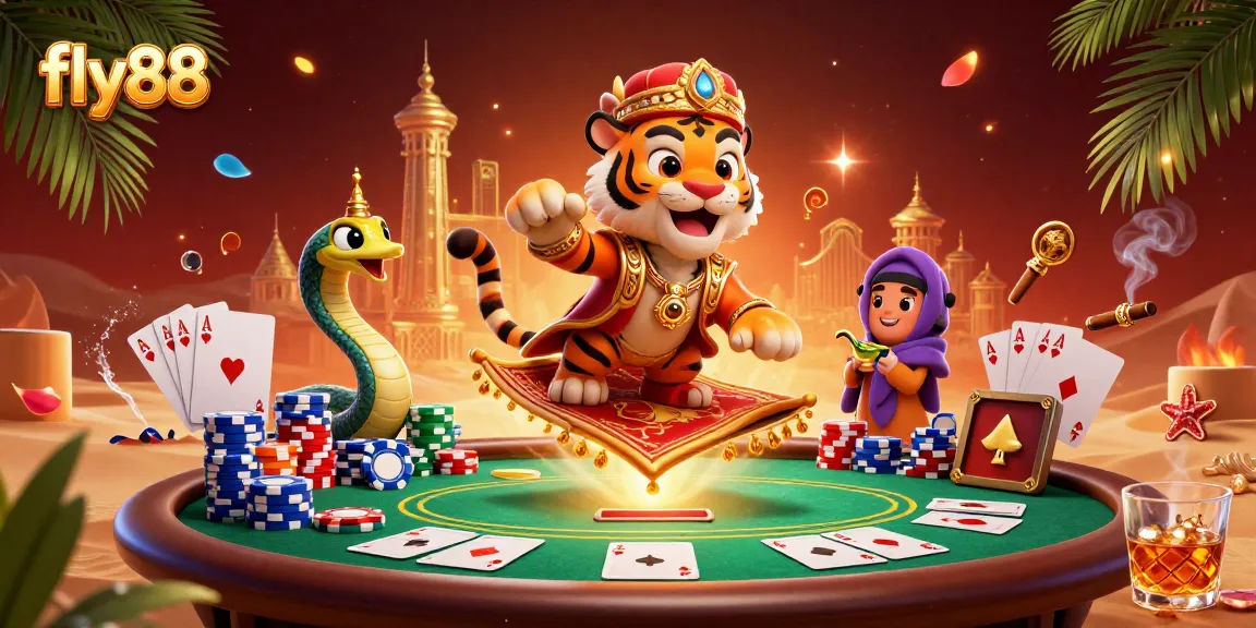 Experience the excitement of fly88 with a vibrant, detailed casino-themed illustration, showcasing a magical sultan and rich elements.