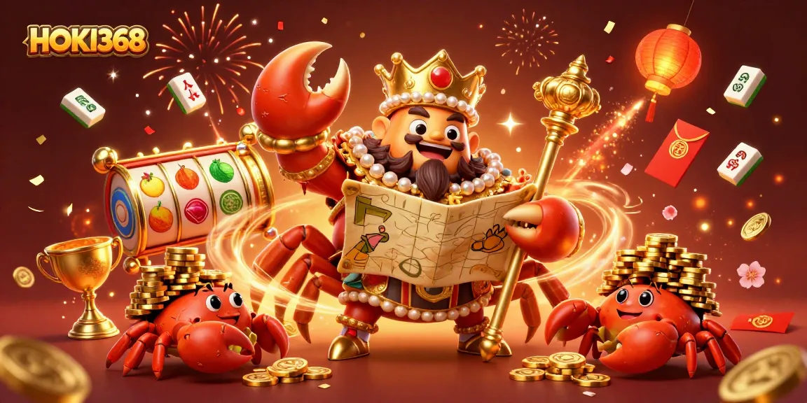 Engage with HOKI368's ultimate slot gaming experience featuring a golden crab emperor in a vibrant casino scene.