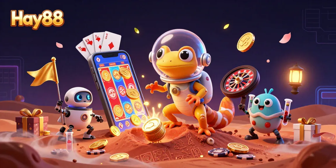 Hay88 offers thrilling slots and casino excitement with a Martian gecko exploring a golden casino.