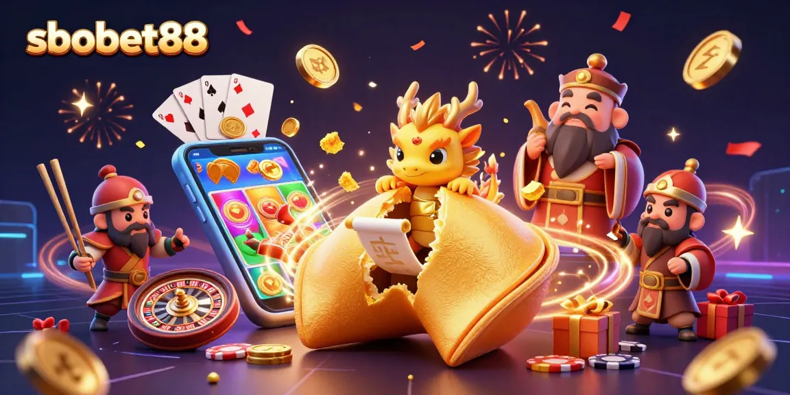 Engaging scene of sbobet88 with golden rewards, fortune cookie, and exciting game elements