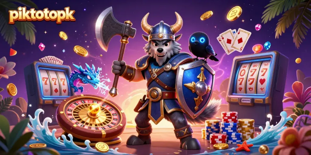 Piktotoapk showcases a Viking wolf warrior amidst vibrant casino elements, capturing thrilling gaming action.