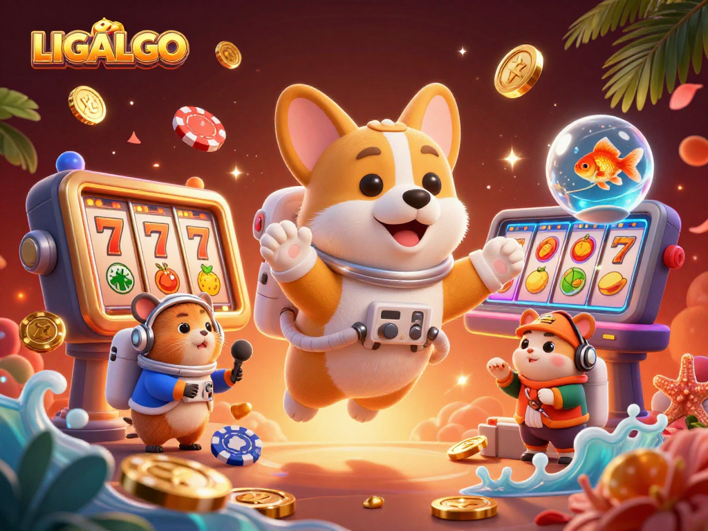 LIGALGO platform features a lively 3D cartoon scene with floating slot reels, emphasizing exciting casino action and fun.