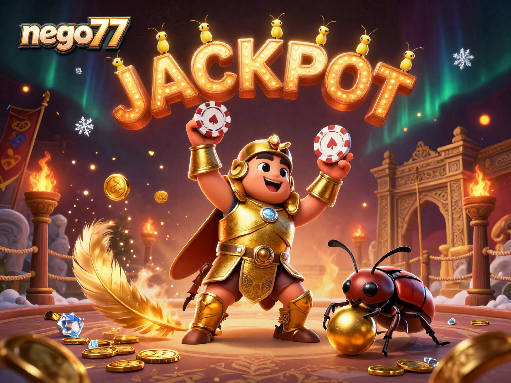 Engage in thrilling slot action with nego77 at a vibrant 3D casino arena featuring colorful characters.